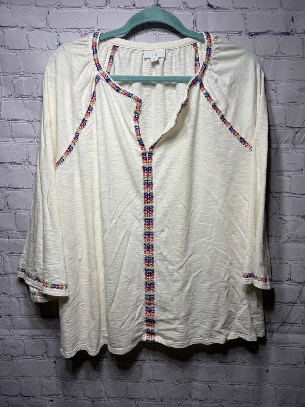 J.Jill Womens 3/4 Sleeve Embroidered V-Neck Top Off White Sz 2X Casual